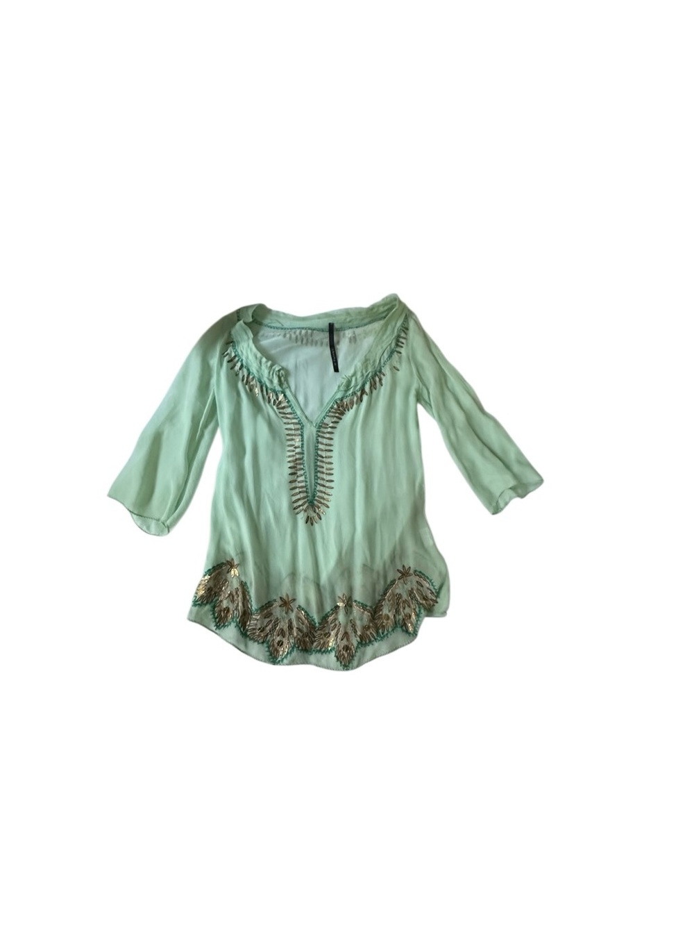 Poleci Mint Green V-Neck Silk Tunic with Gold Bead Trim